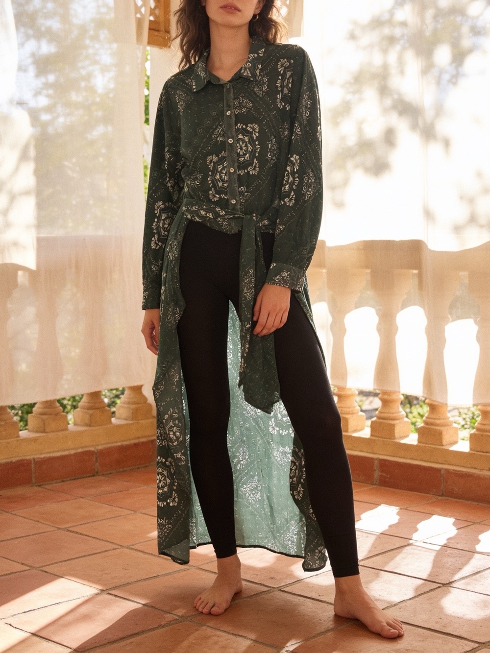 Soncy Womens Green Long Sleeve Sheer Tie Front Kimono SIZE 1X